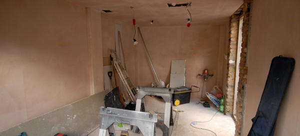 The interior of the garage - newly plastered with lighting - nearly ready for painting