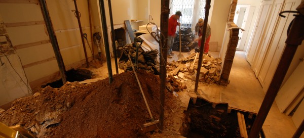 The two footing holes can clearly be seen; ready for the cement to be poured for this Shepherds Bush project